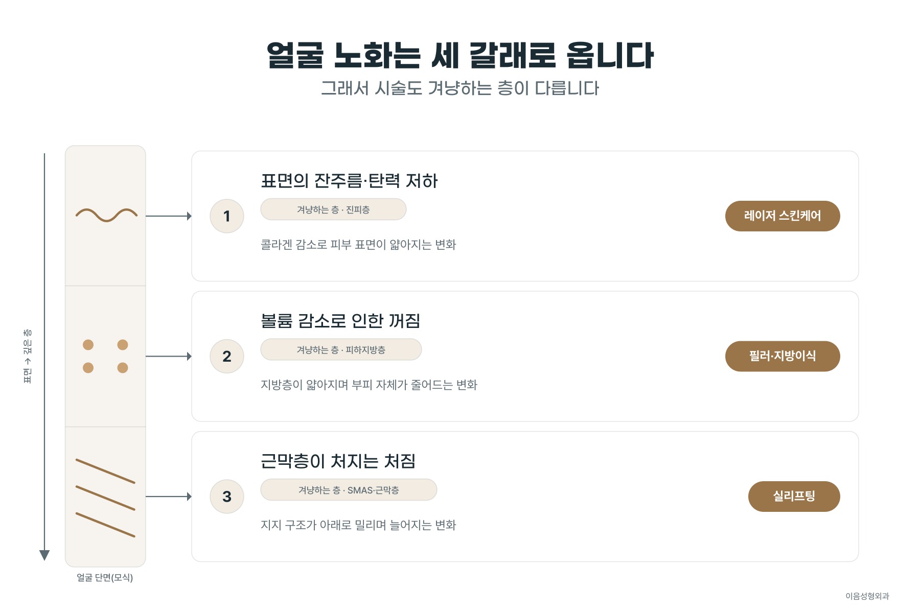 얼굴 노화의 세 갈래 변화와 각 시술이 겨냥하는 층